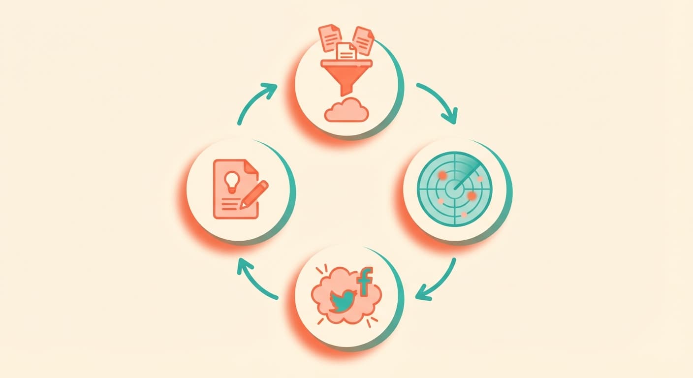 Illustration of autocontent.social's four-step workflow loop: ingest, sense, generate, publish