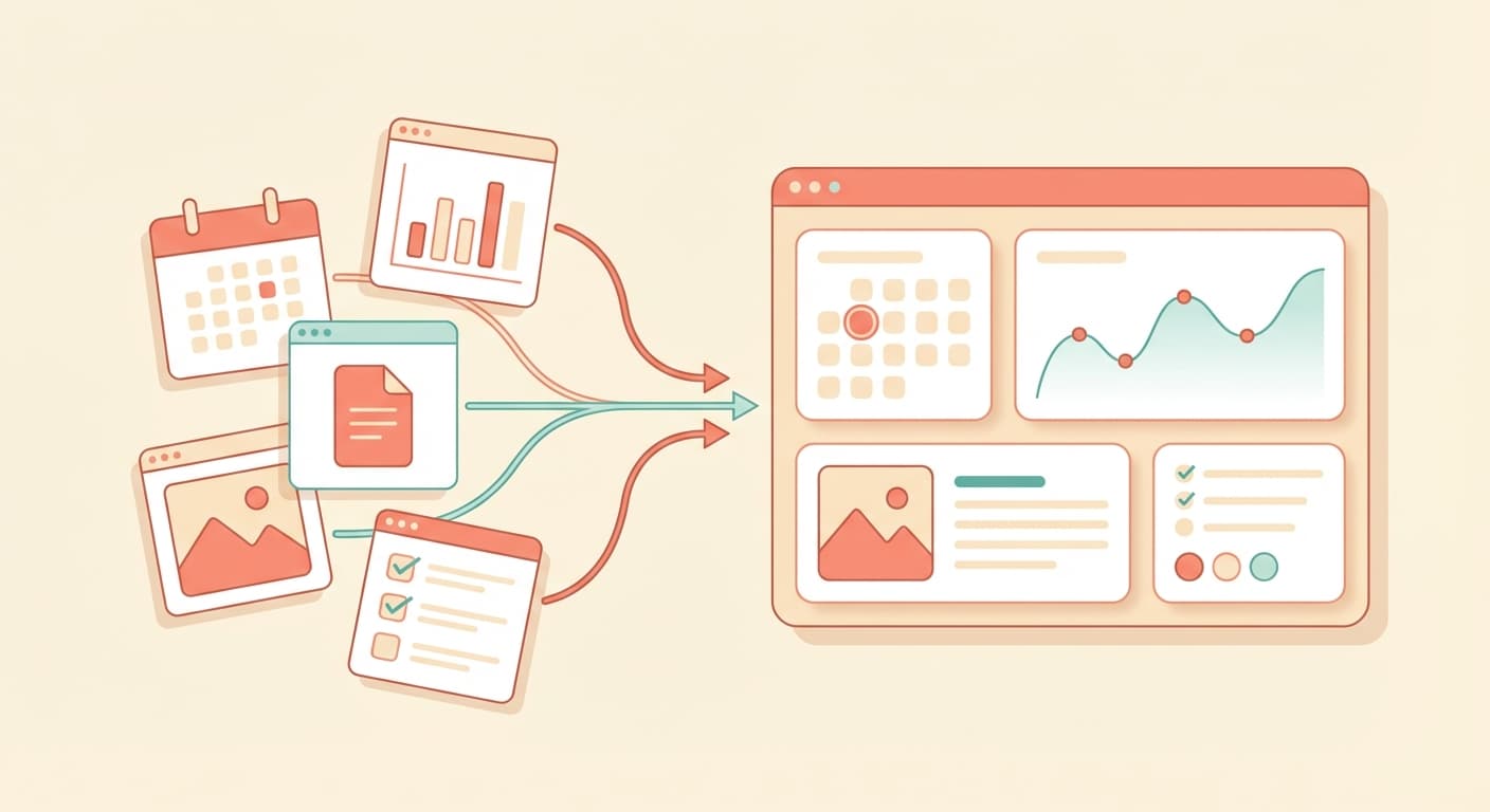 Illustration of five disconnected tools merging into one unified content system