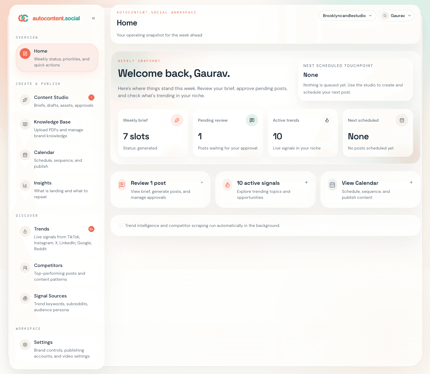 AutoContent home dashboard: weekly brief, pending reviews, active trends